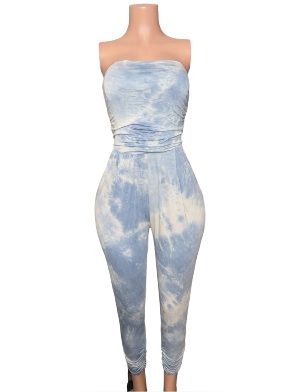 Strapless Tie-Dye Jumpsuit in Light Blue and Cream